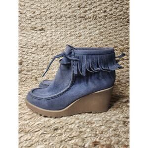 Rocket Dog Wedge Booties Blue Suede Moccasin Fringe Women's 8